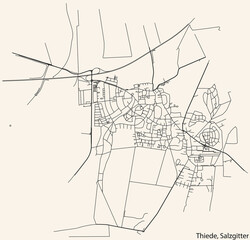 Detailed navigation black lines urban street roads map of the THIEDE QUARTER of the German regional capital city of Salzgitter, Germany on vintage beige background