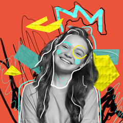 Bright happiness. Young girl's portrait with abstract graphics, lines, drawings. Contemporary art collage. Surrealism, beauty and fashion, emotions