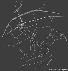 Detailed negative navigation white lines urban street roads map of the OSTERLINDE QUARTER of the German regional capital city of Salzgitter, Germany on dark gray background