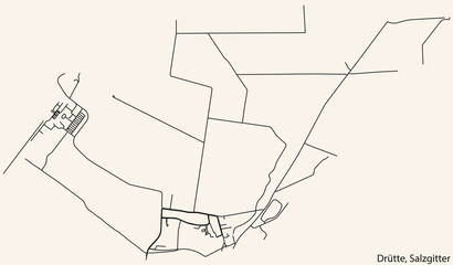 Detailed navigation black lines urban street roads map of the DRÜTTE QUARTER of the German regional capital city of Salzgitter, Germany on vintage beige background