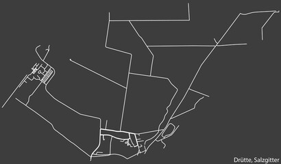 Detailed negative navigation white lines urban street roads map of the DRÜTTE QUARTER of the German regional capital city of Salzgitter, Germany on dark gray background