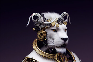 Сlose-up of futuristic mechanical lion. Abstract lion knight portrait. Steampunk style animal. 3d illustration