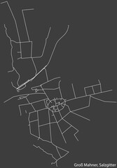 Detailed negative navigation white lines urban street roads map of the GROSS MAHNER QUARTER of the German regional capital city of Salzgitter, Germany on dark gray background