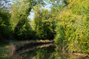 Towpath along the Ourcq canal. Congis-sur-Thérouanne village in Île de France region