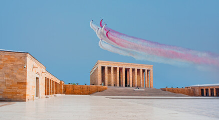 Mausoleum of Ataturk - Air Force aerobatic team performing demonstration flight over mausoleum of Anitkabir - Ankara Turkey 