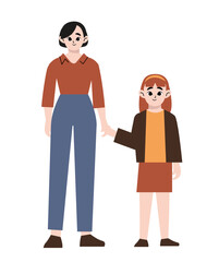 Mother with daughter.Mom holds her daughter hand.Isolated on white background. Cartoon style. Vector illustration