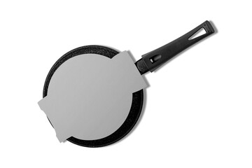 Black and Empty Frying Pan with Paper Label Set Closeup Isolated on White Background. Design Template for Mockup. Front and back view, 3d rendering.