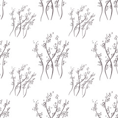 abstract floral background. Seamless pattern with botanic outline wildflower, branch, leaves. Hand drawn floral abstract pencil sketch field flower, plant on background line art illustration 