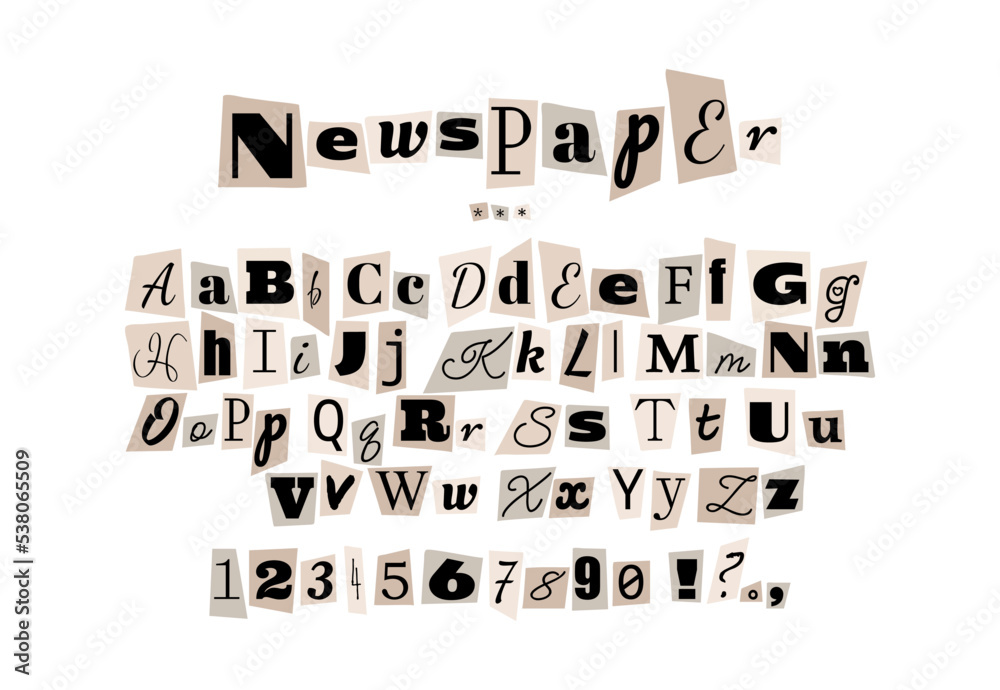 Fototapete alphabet in the style of anonymous messages. letters cut out of a newspaper on a white sheet of pape