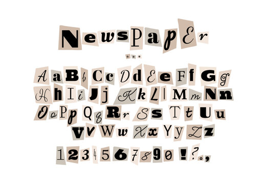 Alphabet in the style of anonymous messages. Letters cut out of a newspaper on a white sheet of paper.
