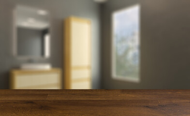 Spacious bathroom in gray tones with heated floors, freestanding. Background with empty table. Flooring.