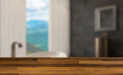 Spacious bathroom in gray tones with heated floors, freestanding. Background with empty wooden table. Flooring.