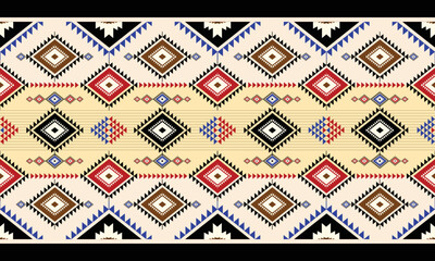 Fototapeta premium Ethnic geometric abstract seamless pattern design. Native American Navajo Aztec pattern vector elements designed for background, wallpaper, print, wrapping, tile. vector illustration. Embroidery style