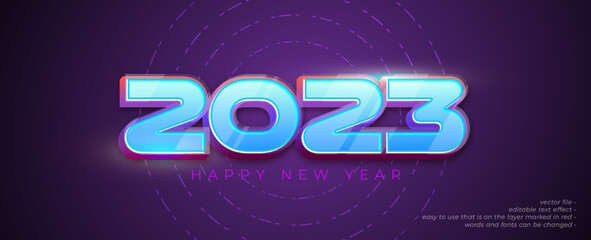 Happy new year 2023 with glossy neon effect on dark purple background