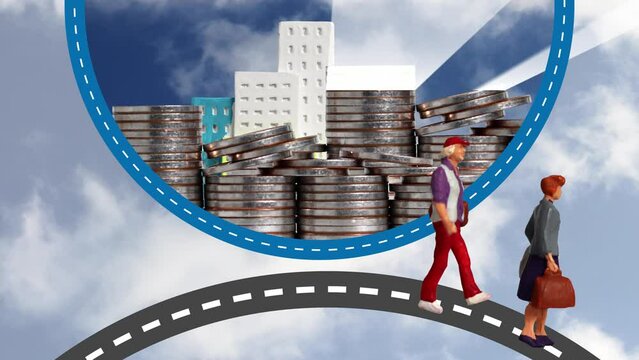 A business concept with coins and miniature people. Concept about economic difficulties.
