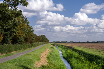 View of a channel in the Fens on a beautiful autumn day, Lincolnshire, East Midlands, England