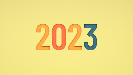 Numbers 2023 in retro colors on yellow background. Greeting card retro design. Happy New Year 2023 Background. 3D Illustration
