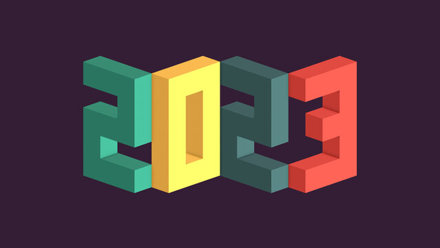 Digits 2023 made of cubes in retro colors. Greeting card retro design. Happy New Year 2023 Background. 3D Illustration, isometric style.