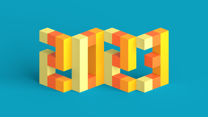 Numbers 2023 made of cubes in retro colors. Greeting card retro design. Happy New Year 2023 Background. 3D Illustration, isometric style.