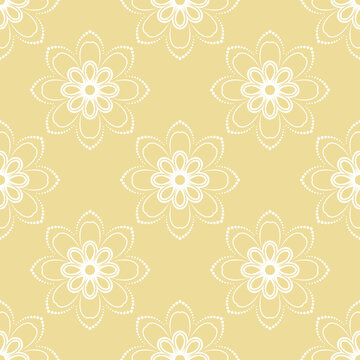 Floral white ornament. Seamless abstract classic background with flowers. Pattern with white repeating floral elements. Ornament for fabric, wallpaper and packaging