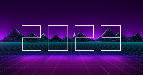 3d illustration of numbers 2023 above the 1980's retro cyberspace perspective grid in colorful neon effect. Retro greeting card. Happy New Year 2023 Background.