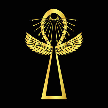 Egyptian wings and Sun ATON , Ankh Key of life symbol