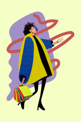 Exclusive magazine picture sketch image of dreamy happy smiling lady walking shopping isolated...
