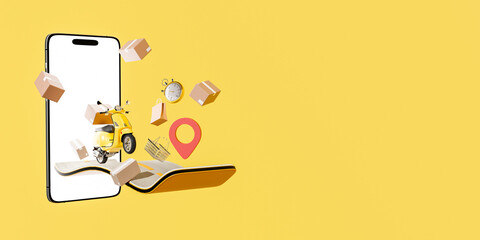 Fototapeta na wymiar 3D rendering yellow Delivery Bike Courier service.Fast Delivery motorcycle and online shopping concept design .cardboard boxes.Smartphone, Gps icon ,shopping bag,Stop watch.yellow background