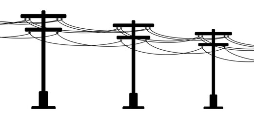 Tangent towers. High voltage pole, electric wires and telephone cable, wire line pylon, poles network. Broken electric pylons, power transmission line. Cartoon for socket, electricity cable and short  - obrazy, fototapety, plakaty