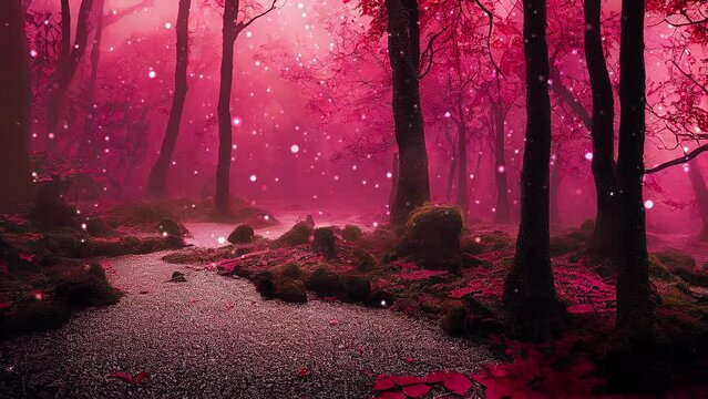 Enchanted red fantasy forest with floating glowing fairy lights. Atmospheric, ambient, created with generative ai