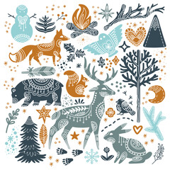 Set of winter forest animals in Scandinavian style vector