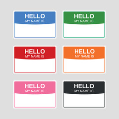 Colored badge name tag isolated. Hello my name is tag.  
Blank template tag my name is. Vector stock