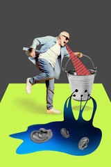 Collage 3d image of pinup pop retro sketch of funny funky guy false news nausea bucket isolated...