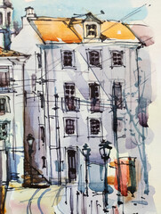 Fototapeta na wymiar Abstract background. Color spots. Brush strokes. Watercolor painting. Lisbon Cityscape