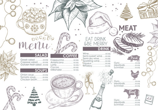 Christmas menu. Design template. Vector hand drawn illustration.	