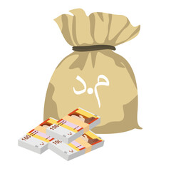 Moroccan Dirham Vector Illustration. Morocco, Ceuta, Melilla, Spain money set bundle banknotes. Money bag 100 MAD. Flat style. Isolated on white background. Simple minimal design.