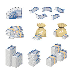 Moroccan Dirham Vector Illustration. Huge packs of Morocco money  set bundle banknotes. Bundle with cash bills. Deposit, wealth, accumulation and inheritance. Falling money 200 MAD