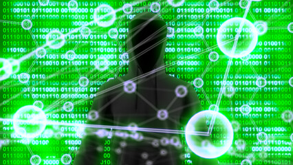 Anonymous hacker with black hoodie in shadow under binary code background with the green digital symbols and X-ray fine hexagonal atoms. Concept 3D CG of financial institution hacking.