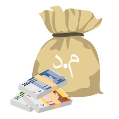 Moroccan Dirham Vector Illustration. Morocco, Ceuta, Melilla, Spain money set bundle banknotes. Money bag 50, 100, 200 MAD. Flat style. Isolated on white background. Simple minimal design.