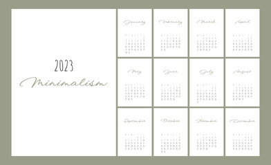 Calendar 2023 Trendy Minimalist Style. Set of 12 pages desk calendar. 2022 minimal calendar planner design for printing template. vector illustration