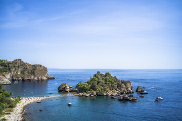 Fototapeta na wymiar isola Bella island in Taormina, Sicily on a sunny day, view from above