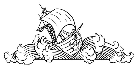 PNG transparent vintage decorative naval vignette of a wooden ship in stormy waves, horizontal divider in black outline  - 538073153