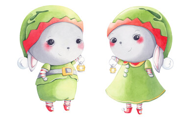 Cute bunnies dressed as elves. Watercolor characters.