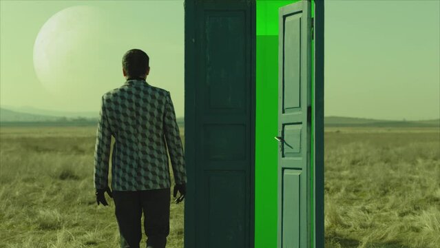 4K Footage of man walking on field near door with green screen . Young stylish male artist standing on meadow field at day time . Concept of fantasy mystic dreams or teleportation. Man dressed costume