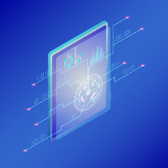Outline Cyber Security Concept with Tablet Computer. Isometric Illustration in Blue Colors. Data Protection Concept.
