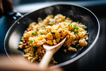 cooking tasty scrambled eggs in frying pan