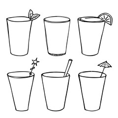 Cute cups of water, milkshake, juice and soda. Drink illustration. Simple cocktail clipart set