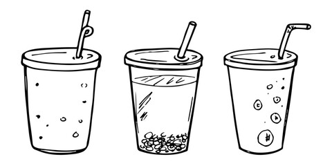 Cute cups of water, milkshake, juice and soda. Drink illustration. Simple cocktail clipart set