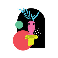 Antique acid statue. Greek or roman column and vase sculpture, Classic statues with geometric and botanical background. Abstract contemporary poster or print vector cartoon flat illustration