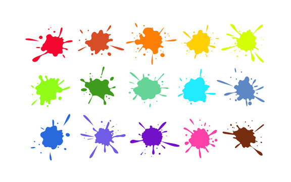 Set of colorful realistic blots, splashes with scattered drops. Various dynamic sprinkle shapes